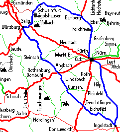 Kartenausschnitt mit Reiseroute