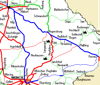 Kartenausschnitt mit Reiseroute
