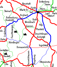 Kartenausschnitt mit Reiseroute