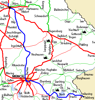 Kartenausschnitt mit Reiseroute