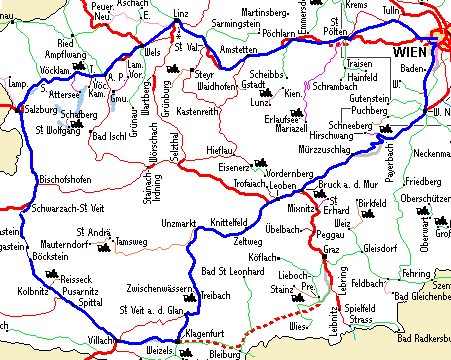 Kartenausschnitt mit Reiseroute