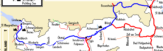 Kartenausschnitt mit Reiseroute