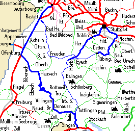 Kartenausschnitt mit Reiseroute