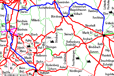 Kartenausschnitt mit Reiseroute