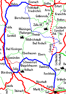 Kartenausschnitt mit Reiseroute